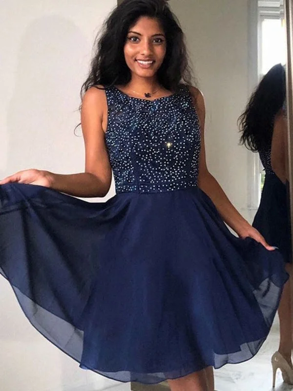 Cute A Line Round Neck Beaded Navy Blue Short Prom Homecoming, Navy Blue Formal, Graduation