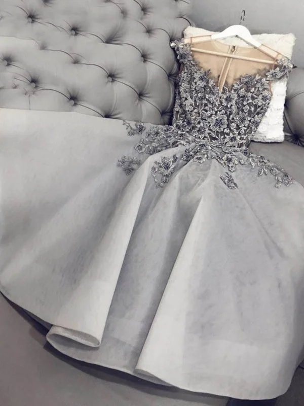 Cute A Line Round Neck Gray Floral Lace Short Prom, Gray Floral Lace Formal Graduation Homecoming