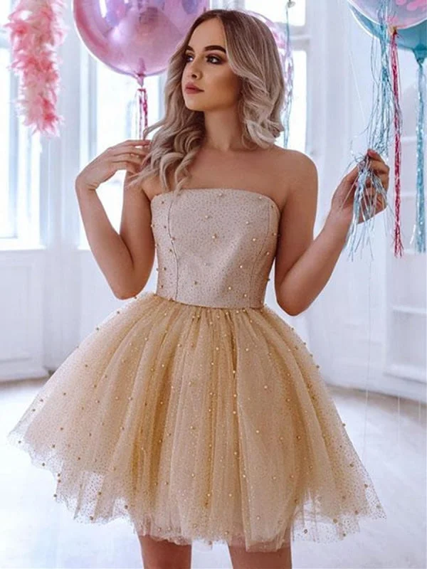 Cute Beaded Champagne Tulle Short Prom Dresses, Champagne Formal Graduation Homecoming Dresses with