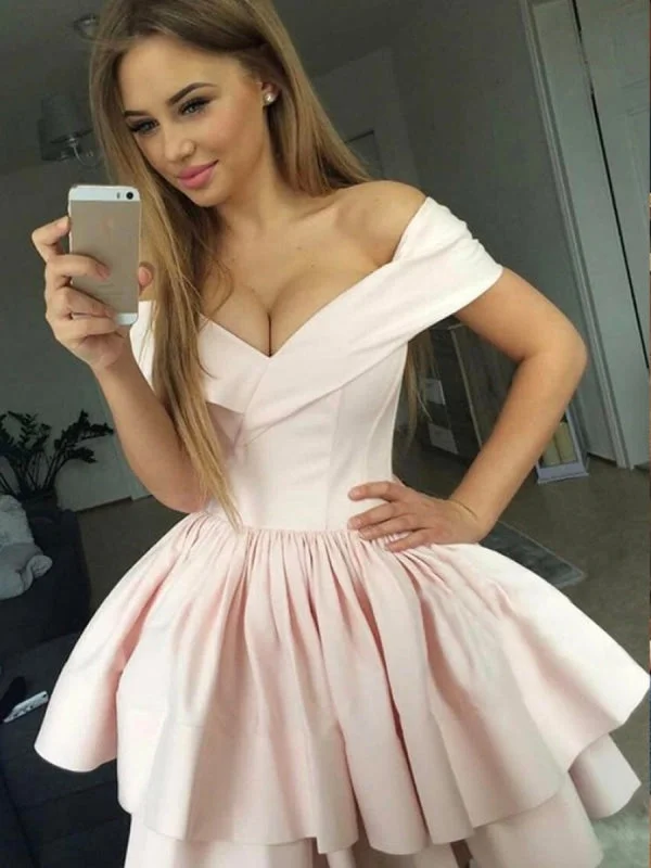 Cute Off the Shoulder Layered Pink Homecoming Short Prom, Off Shoulder Pink Formal, Evening