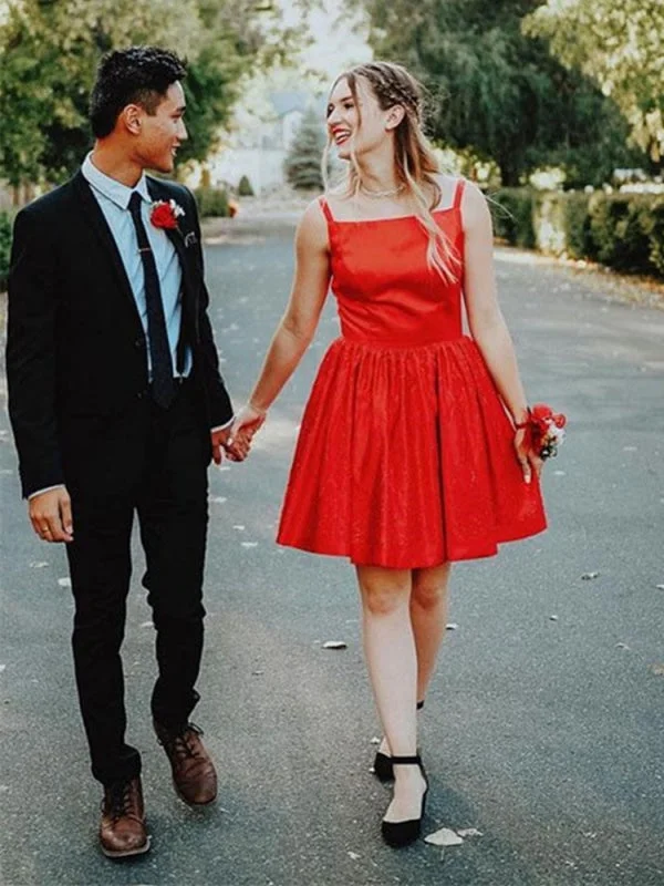 Cute Red Satin Short Prom Homecoming, Mini Red Formal, Graduation