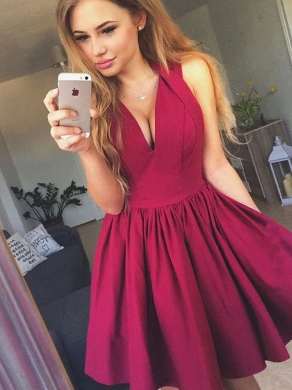 Cute V Neck Backless Layered Burgundy Short Prom Homecoming, Backless Burgundy Formal Graduation Evening, Burgundy Cocktail