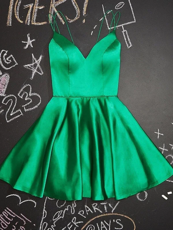 Cute V Neck Green Satin Short Homecoming Prom, V Neck Green Formal Graduation Evening