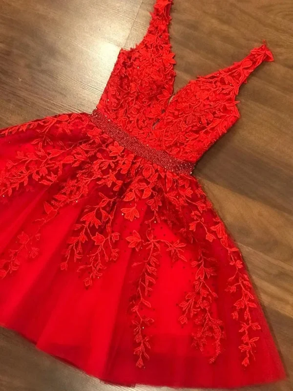 Cute V Neck Short Red Lace Prom with Belt, Red Lace Formal Graduation Homecoming