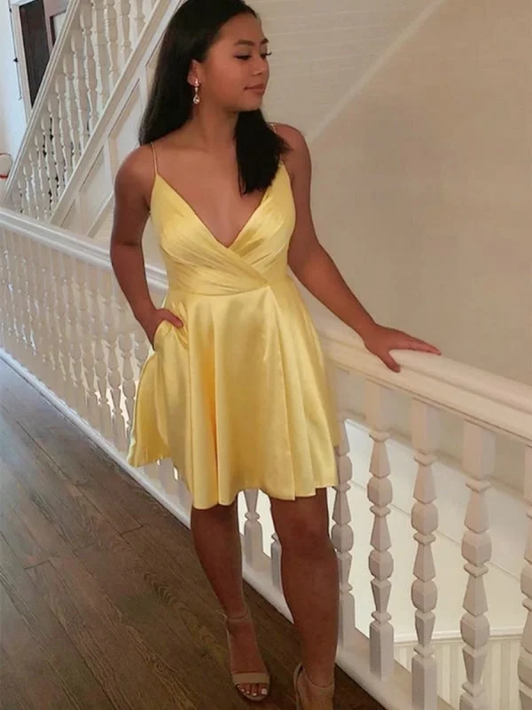 Cute V Neck Yellow Satin Short Prom Homecoming, V Neck Yellow Formal Graduation Evening