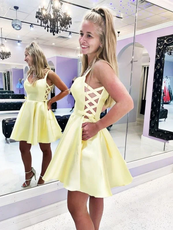 Cute V Neck Yellow Satin Short Prom, Short Yellow Formal Graduation Homecoming