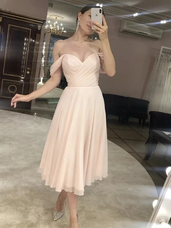 Elegant Off Shoulder Tea Length Pink Prom, Off Shoulder Pink Formal Graduation Homecoming