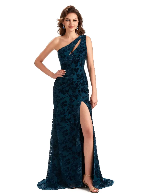 Elegant One Shoulder Mermaid Side Slit Floral Velvet Long Bridesmaid Dresses Online