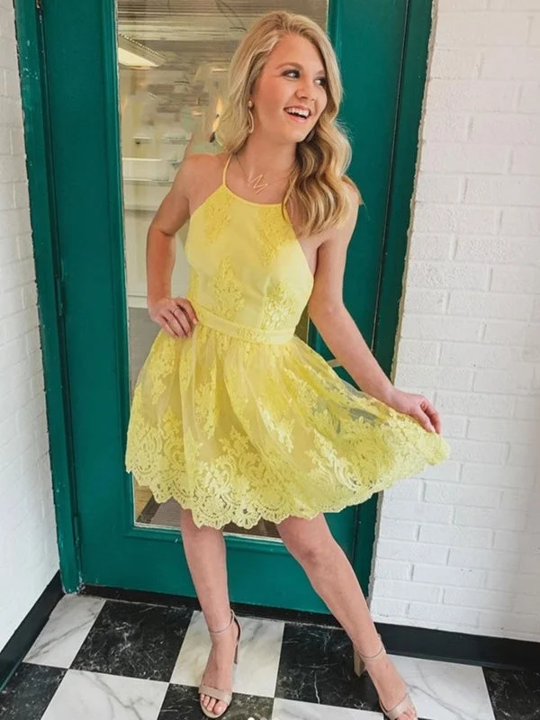 Elegant Open Back Yellow Lace Short Prom, Yellow Lace Homecoming, Yellow Formal Evening