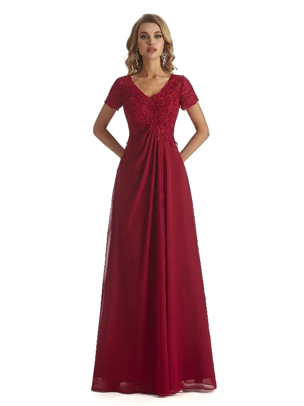 Elegant V-neck Short Sleeves Chiffon Floor-Length Long Bridesmaid Dresses