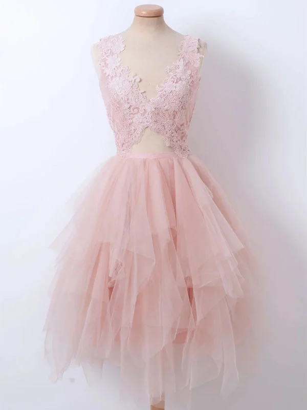 Fluffy V Neck Short Pink Lace Prom, Pink Lace Formal Graduation Homecoming