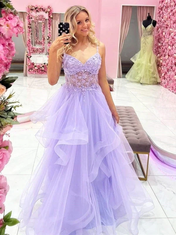 Gorgeous V Neck Beaded Purple Lace Floral Long Prom Dresses, Purple Lace Formal Dresses, Lilac Tulle Evening Dresses