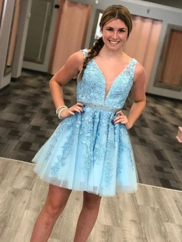 Gorgeous V Neck Light Blue Lace Short Prom with Belt, Light Blue Lace Formal Graduation Homecoming