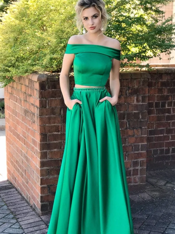 Green Two Pieces Off Shoulder Satin Long Prom with Pocket, Two Pieces Green Formal, Green Evening