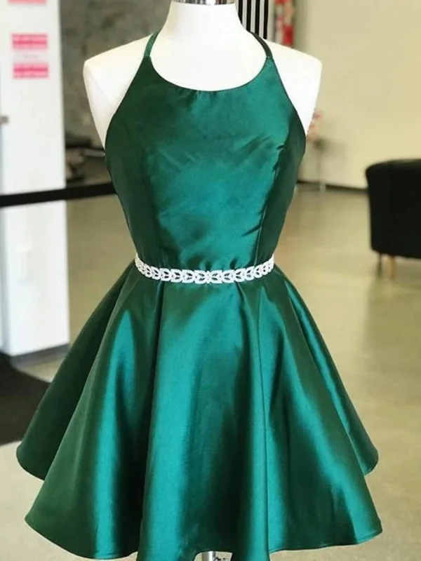 Halter Neck Short Emerald Green Prom with Belt, Short Emerald Green Formal Graduation Homecoming