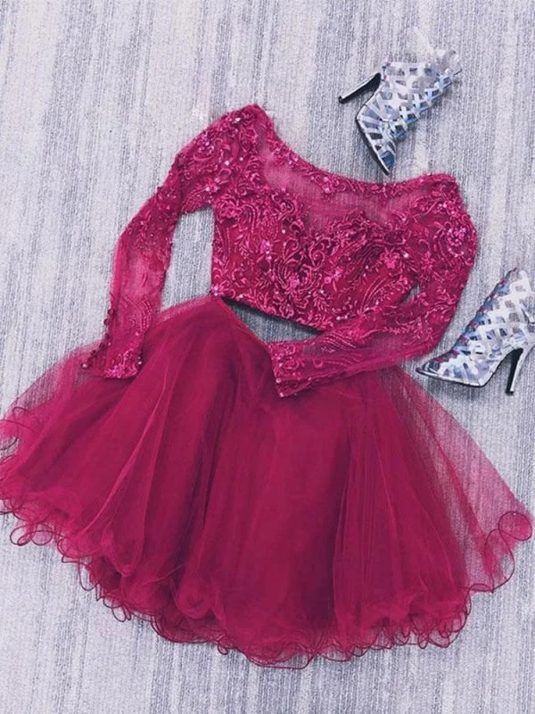 Long Sleeves Two Pieces Lace Beaded Burgundy Homecoming Short Prom, Burgundy Lace Formal, Evening