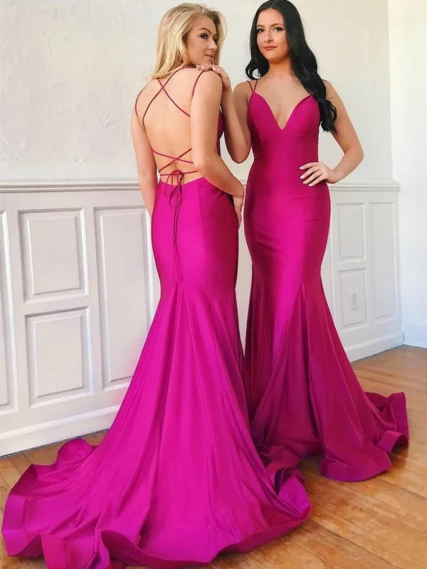 Mermaid V Neck Backless Hot Pink Long Prom, Delicate Bridesmaid, Mermaid Hot Pink Formal, Hot Pink Evening