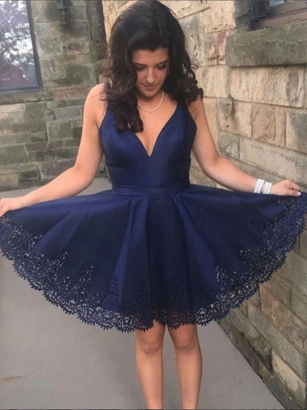 Navy Blue V Neck Lace Short Prom, Navy Blue Lace Homecoming, Lace Navy Blue Short Formal Graduation Evening