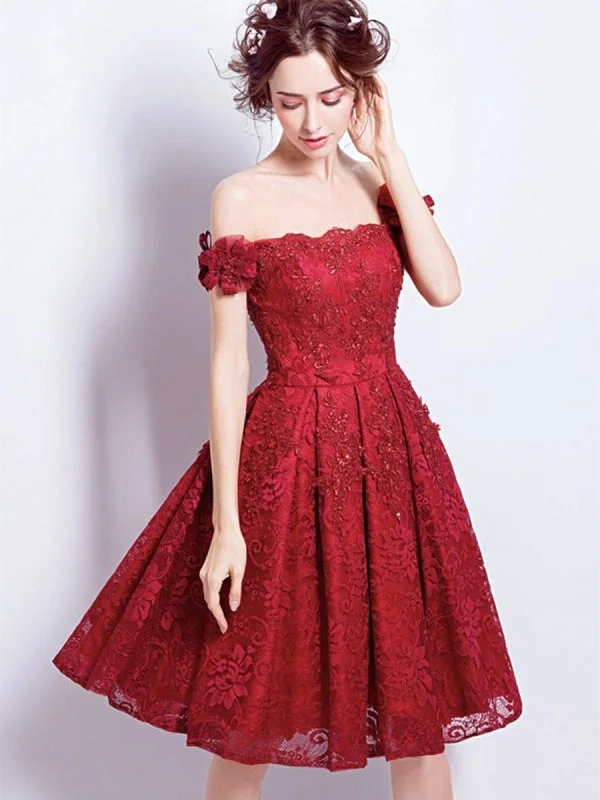 Off Shoulder Burgundy Lace Short Prom Homecoming, Burgundy Lace Formal Graduation Evening, Burgundy Cocktail