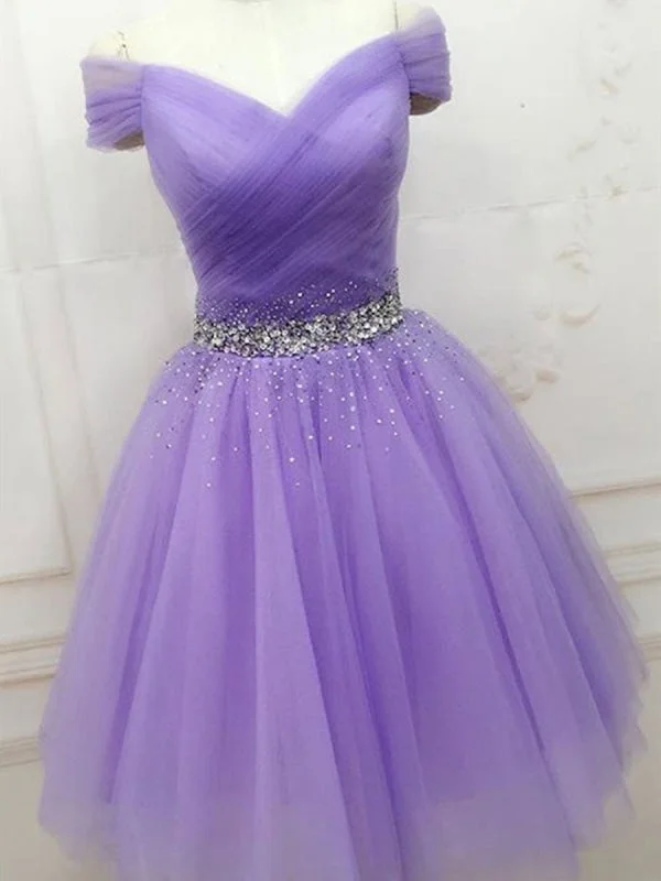 Off Shoulder Short Beaded Purple Prom, Off Shoulder Purple Formal Graduation Homecoming