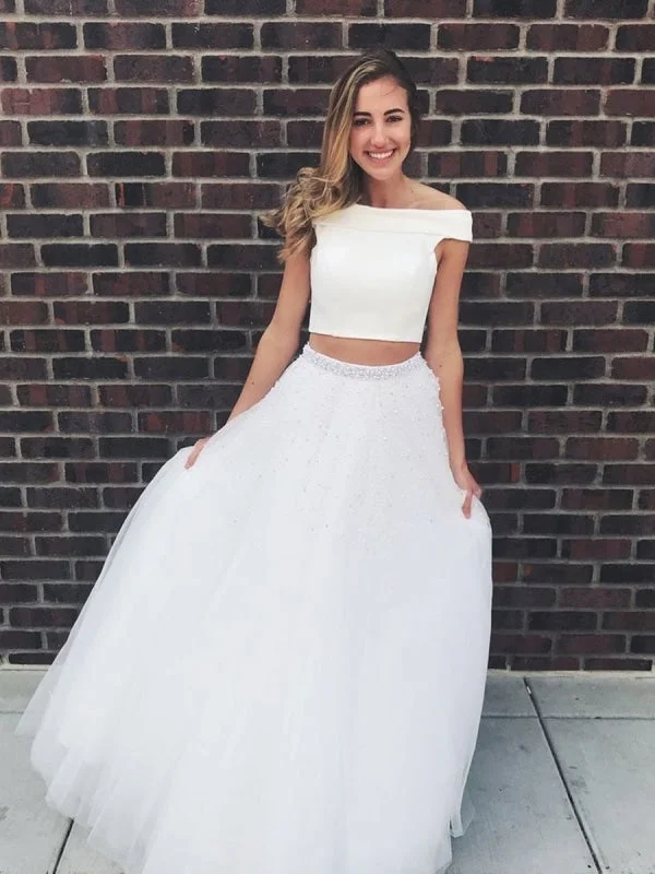 Off Shoulder Two Pieces Beaded Long White Prom with Beading, Off Shoulder White Formal, Two Pieces White Evening