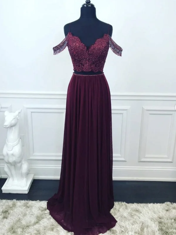 Off Shoulder Two Pieces Purple Lace Beaded Long Prom, 2 Pieces Purple Lace Formal Graduation Evening