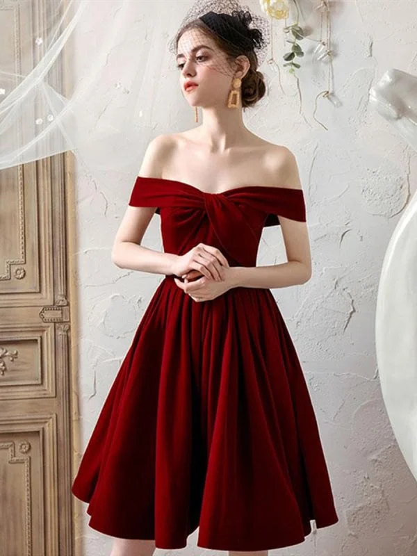 Off the Shoulder Burgundy Short Prom, Off Shoulder Burgundy Homecoming, Burgundy Formal Graduation Evening