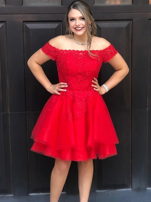 Off the Shoulder Layered Red Lace Short Prom Homecoming Dresses, Off Shoulder Red Formal Dresses, Red Lace Evening Dresses