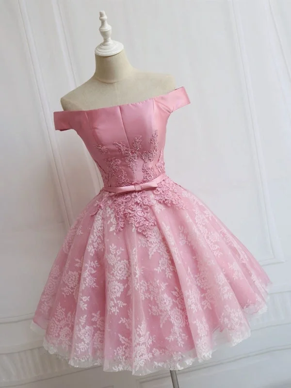 Off the Shoulder Short Pink Lace Prom, Off Shoulder Pink Homecoming, Short Pink Formal Evening