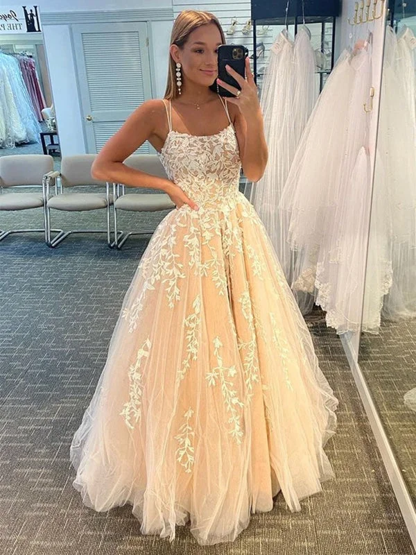 Open Back Champagne Lace Tulle Long Prom Dresses, Champagne Lace Formal Evening Dresses, Champagne Ball Gown