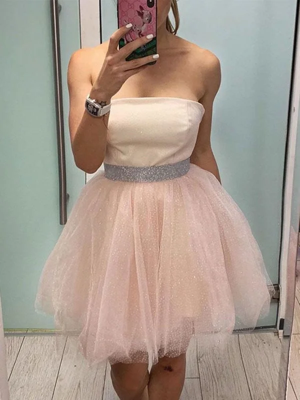 Princess Strapless Short Pink Homecoming Prom with Belt, Pink Formal Graduation Evening