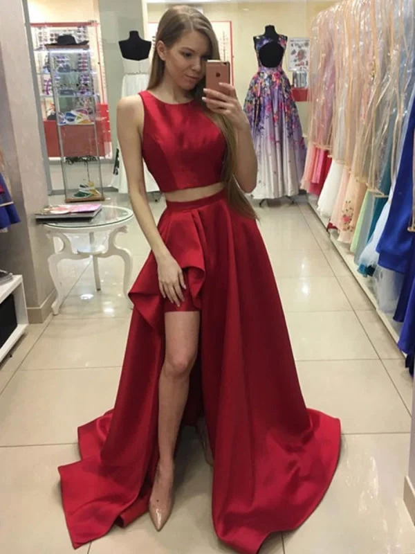 Red Round Neck Two Pieces High Low Satin Long Prom, Red Two Pieces Formal, Evening