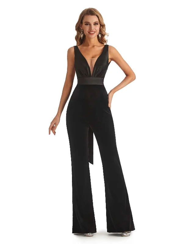 Sexy Jumpsuit V-neck Open Back Velvet Long Bridesmaid Dresses