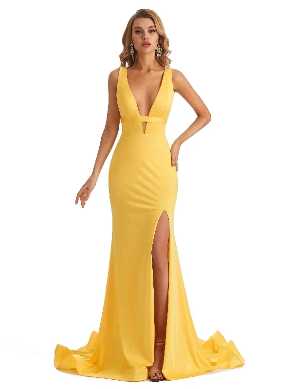 Sexy Mermaid Deep V-neck Side Slit Stretchy Jersey Long Bridesmaid Dresses