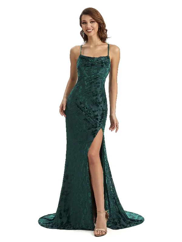 Sexy Side Slit Spaghetti Straps Mermaid Floral Velvet Long Bridesmaid Dresses UK