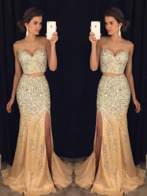 Sexy Sweetheart Neck Two Pieces Mermaid Beaded Champagne Prom 2019, Two Pieces Mermaid Champagne Formal, Evening