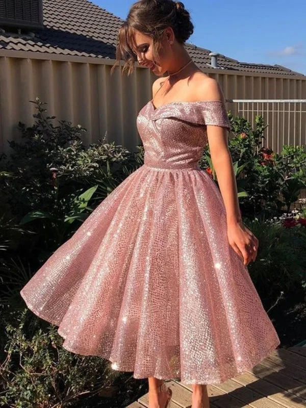 Shiny Off Shoulder Knee Length Rose Pink Prom, Sparkly Pink Formal Graduation Homecoming