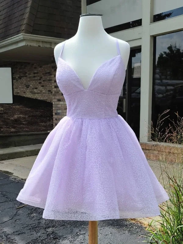 Shiny V Neck Lilac Short Prom Homecoming Dresses, Purple Formal Dresses, Lavender Evening Dresses