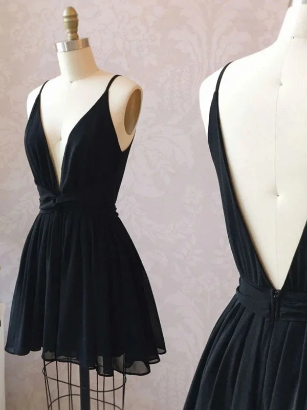 Simple A Line V Neck and V Back Black Short Prom Homecoming, Cute V Neck Black Formal Graduation Evening