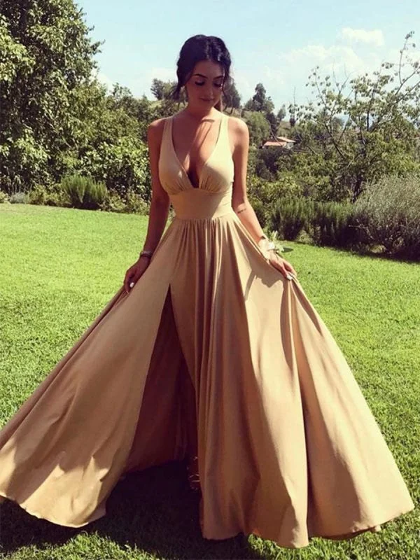 Simple A Line V Neck Champagne Long Prom Bridesmaid with Slit, V Neck Champagne Formal, Champagne Evening