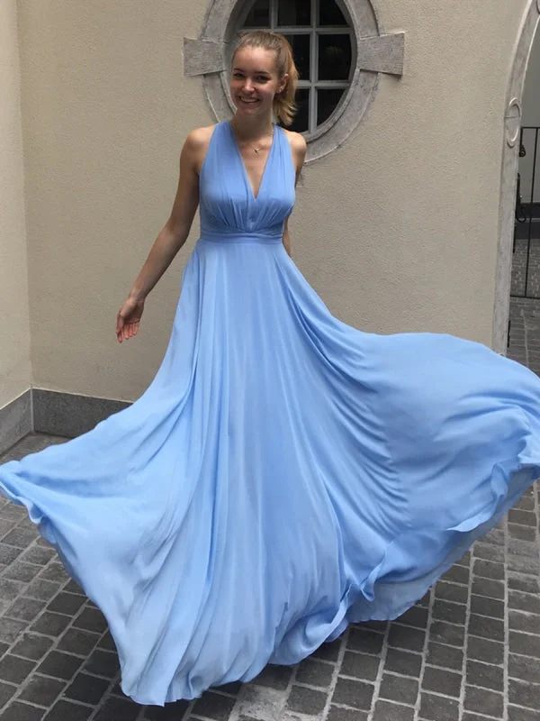 Simple A Line V Neck Light Blue Long Prom, Light Blue Formal Graduation Evening, Blue Bridesmaid