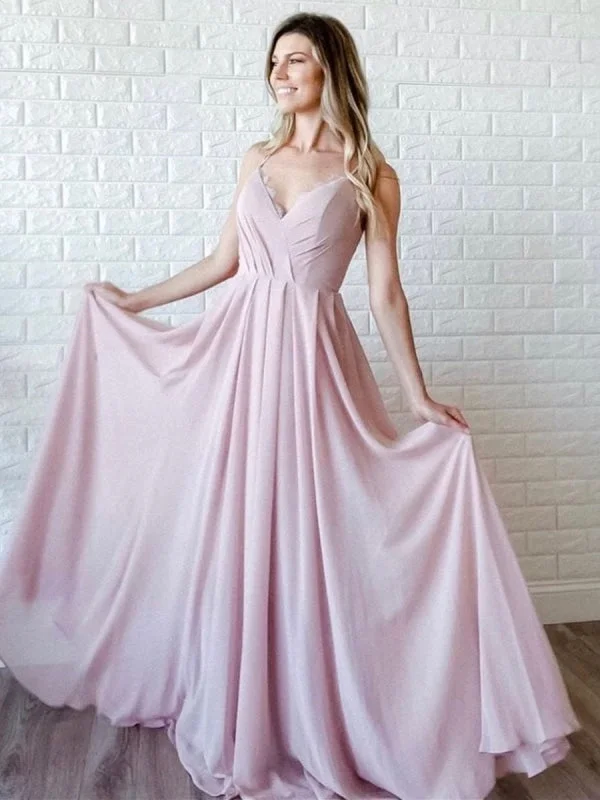 Simple A Line V Neck Pink Long Prom, V Neck Pink Formal Graduation Evening, Pink Bridesmaid