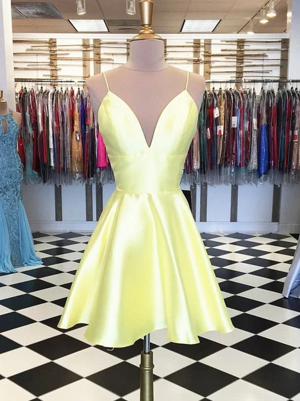 Simple A Line V Neck Yellow Homecoming Short Prom, Yellow Graduation, Formal, Evening