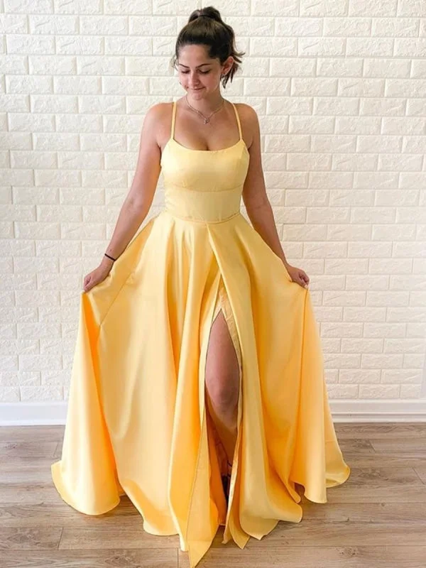 Simple A Line Yellow Long Prom with High Split, Cheap Yellow Formal Graduation Evening, Yellow Bridesmaid