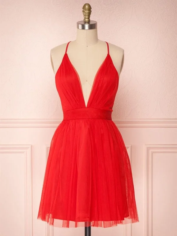 Simple Red V Neck Backless Tulle Homecoming Short Prom, Cute Red Formal, Evening, Graduation