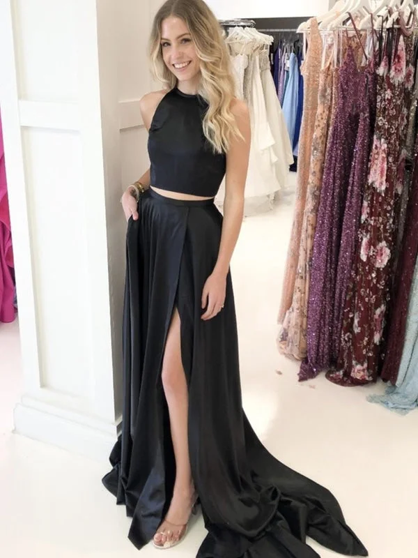 Simple Two Pieces Black Long Prom with High Slit, 2 Pieces Black Formal Graduation Evening