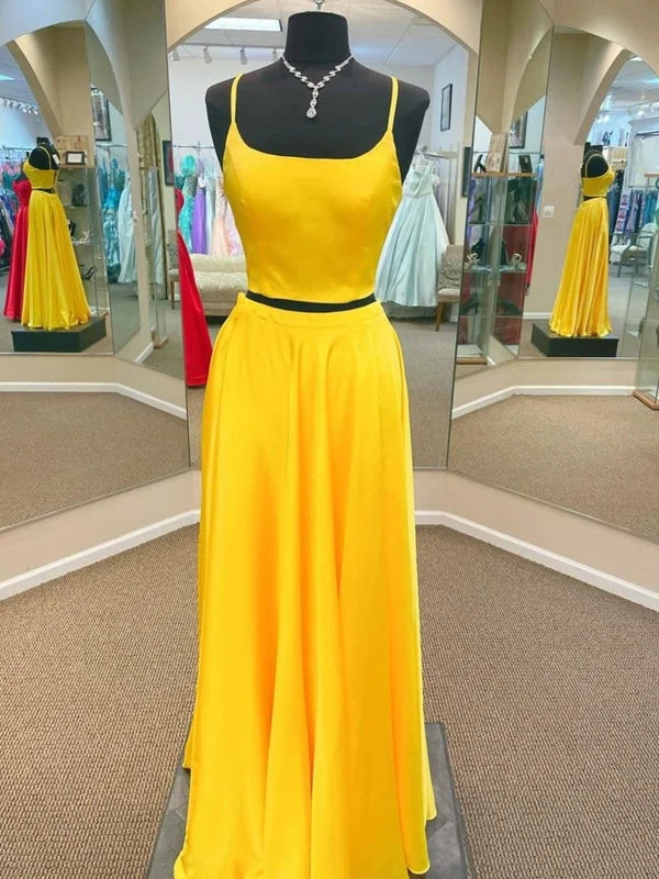 Simple Two Pieces Yellow Satin Long Prom Dresses, 2 Pieces Yellow Formal Graduation Evening Dresses