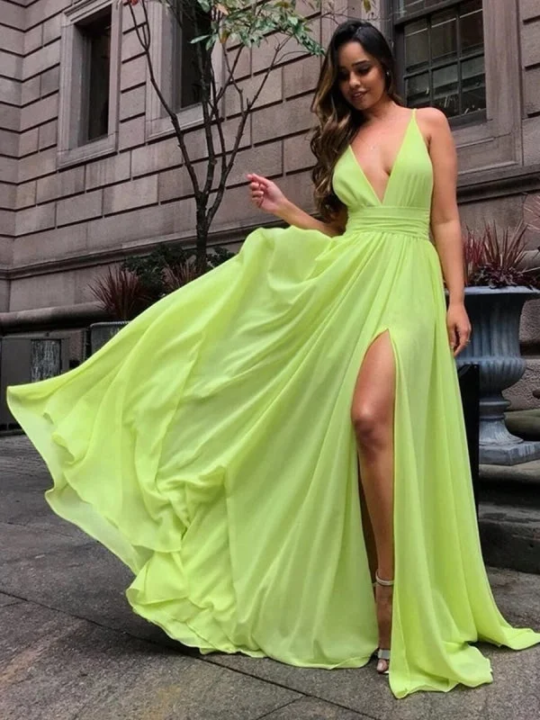 Simple V Neck Bright Yellow Chiffon Long Prom with Slit, V Neck Bright Yellow Formal, V Neck Yellow Bridesmaid