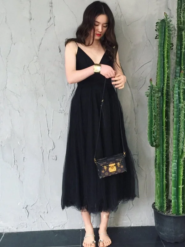 Simple V Neck Open Back Black Tea Length Prom Homecoming, Thin Straps Black Formal Graduation Evening