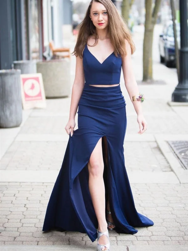 Simple V Neck Two Pieces Blue Prom with High Slit, Two Pieces Blue Formal, Evening